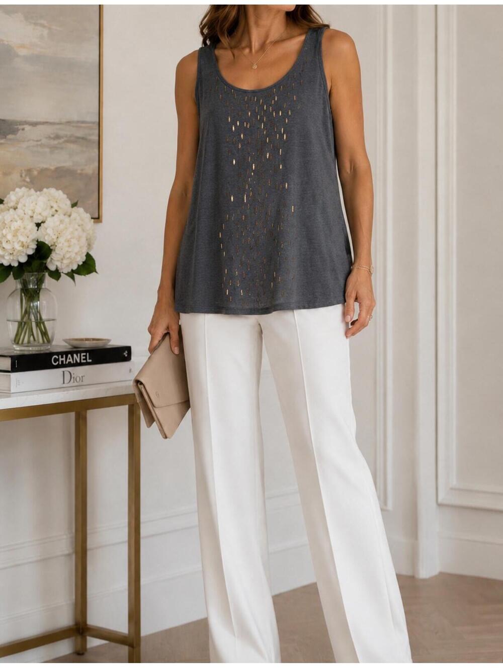 EILEEN FISHER Black Linen Sequin Tank Top Boho Coastal XS